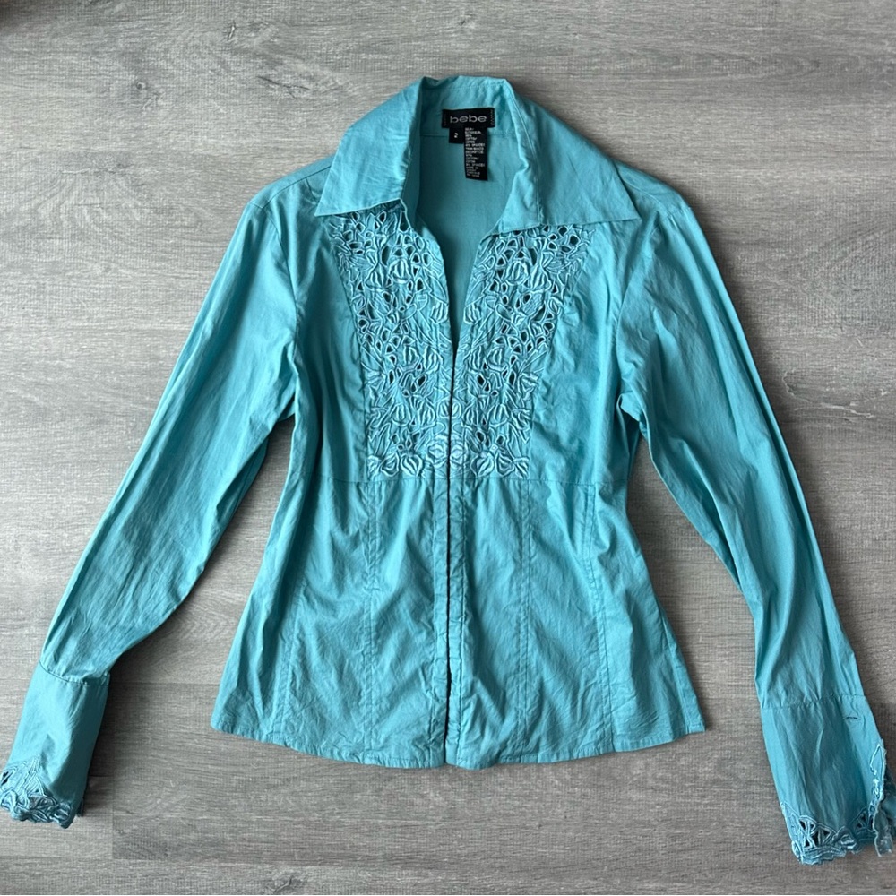 VTG Bebe Y2K Teal Hook & Eye Embroidered Blouse - Picture 1 of 7